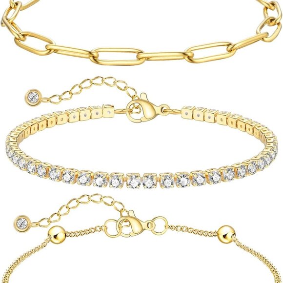 Solid 18K Over Gold Anklet for Women,Gold Anklets for Women Layered/Tennis/Paper - Picture 1 of 5